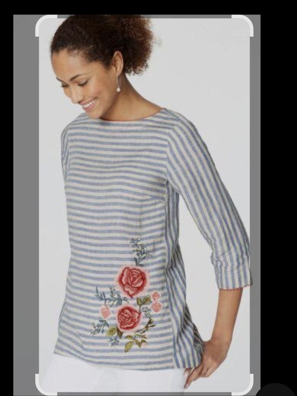 J. Jill Blue and White Striped Tunic with Floral Embroidery